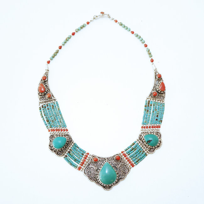 Collier plastron Tibétain en argent 925 Turquoise naturelle et Corail - Népal 004