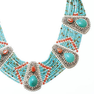 Bijoux Ethniques indiens grand collier en argent 925 plastron tibtain femme multi-rangs filigrane et pierre fine turquoise naturelle vritable corail tibtains npalais - Npal 006 b