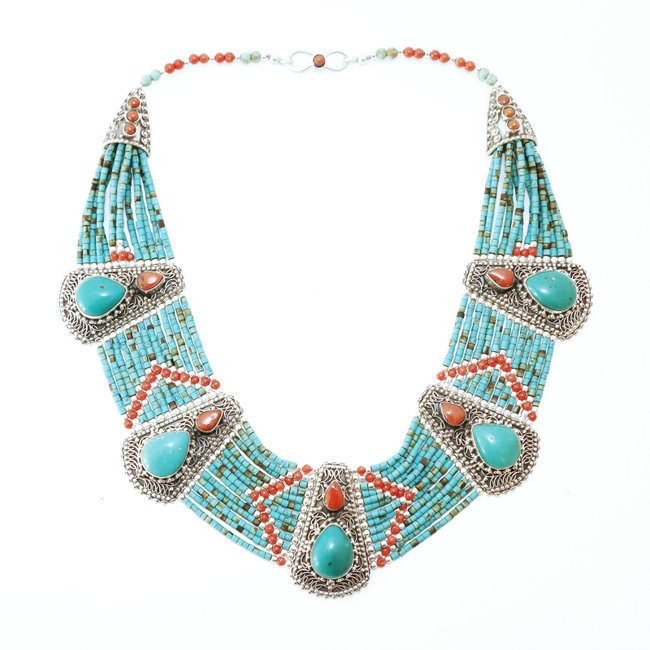 Collier plastron Tibétain en argent 925 Turquoise naturelle et Corail - Népal 006