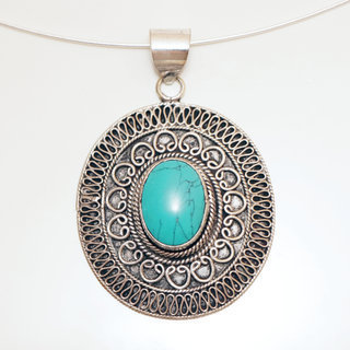 Bijoux Indiens Ethniques grand pendentif ovale filigrane laiton plaqué argent 925 et pierre fine ovale - Nepal 005 Turquoise b