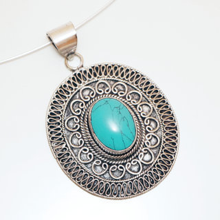 Bijoux Indiens Ethniques grand pendentif ovale filigrane laiton plaqu argent 925 et pierre fine ovale - Nepal 005 Turquoise