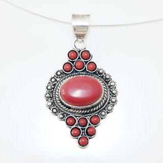 Bijoux Indiens Ethniques grand pendentif filigrane laiton plaqu argent 925 et pierre fine ovale - Nepal 006 Agate rouge b