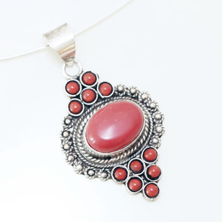 Bijoux Indiens Ethniques grand pendentif filigrane laiton plaqu argent 925 et pierre fine ovale - Nepal 006 Agate rouge