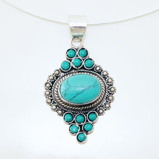 Bijoux Indiens Ethniques grand pendentif filigrane laiton plaqu argent 925 et pierre fine ovale - Nepal 006 Turquoise b