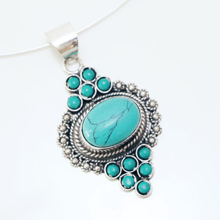 Bijoux Indiens Ethniques grand pendentif filigrane laiton plaqu argent 925 et pierre fine ovale - Nepal 006 Turquoise