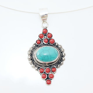 Bijoux Indiens Ethniques grand pendentif filigrane laiton plaqu argent 925 et pierre fine ovale - Nepal 006 Turquoise Agate rouge b