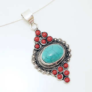 Bijoux Indiens Ethniques grand pendentif filigrane laiton plaqu argent 925 et pierre fine ovale - Nepal 006 Turquoise Agate rouge