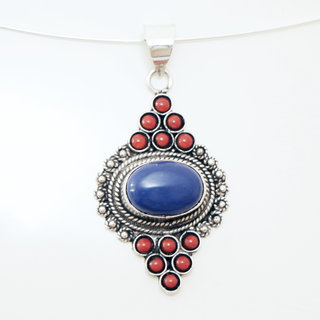 Bijoux Indiens Ethniques grand pendentif filigrane laiton plaqu argent 925 et pierre fine ovale - Nepal 006 Lapis Agate rouge b