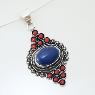 Bijoux Indiens Ethniques grand pendentif filigrane laiton plaqué argent 925 et pierre fine ovale - Nepal 006 Lapis Agate rouge