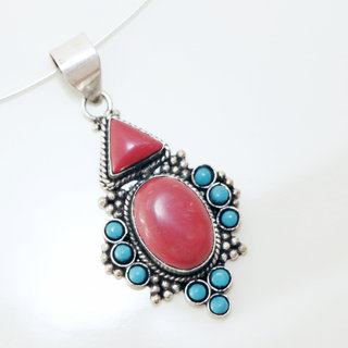 Bijoux Indiens Ethniques grand pendentif filigrane laiton plaqu argent 925 et pierre fine ovale - Nepal 007 Agate rouge bleue b