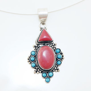 Bijoux Indiens Ethniques grand pendentif filigrane laiton plaqu argent 925 et pierre fine ovale - Nepal 007 Agate rouge bleue