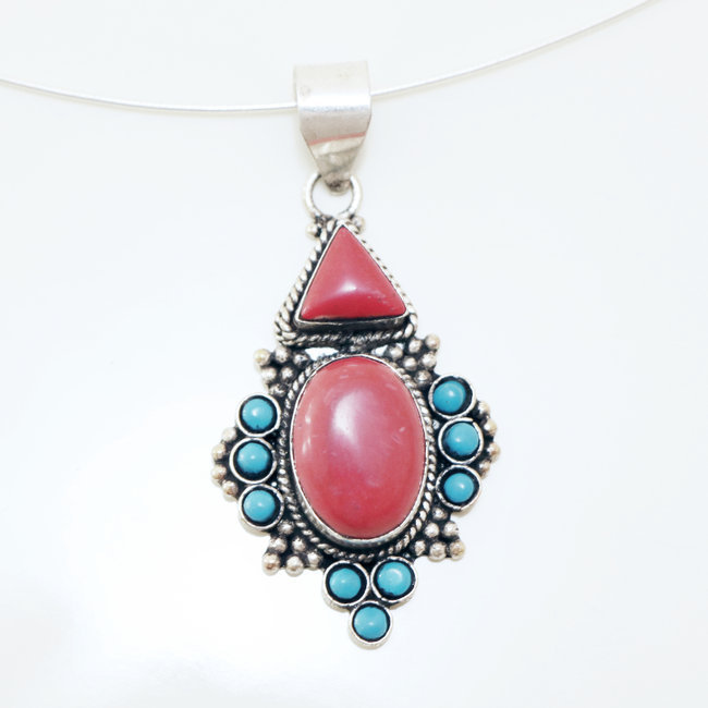 Pendentif tibétain Corail rouge turquoise - Népal 007