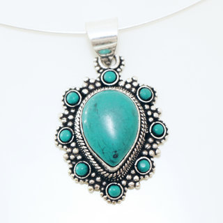 Bijoux Indiens Ethniques petit pendentif filigrane laiton plaqu argent 925 et pierre fine goutte - Nepal 008 Turquoise b