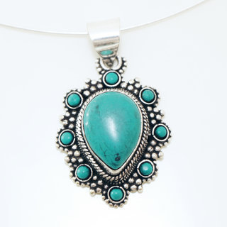 Bijoux Indiens Ethniques petit pendentif filigrane laiton plaqu argent 925 et pierre fine goutte - Nepal 008 Turquoise b