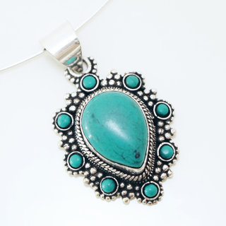 Bijoux Indiens Ethniques petit pendentif filigrane laiton plaqu argent 925 et pierre fine goutte - Nepal 008 Turquoise