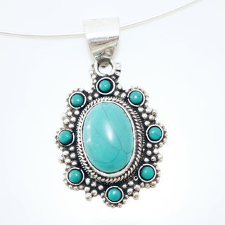 Bijoux Indiens Ethniques petit pendentif fleur filigrane laiton plaqu argent 925 et pierre fine ovale - Nepal 009 Turquoise b