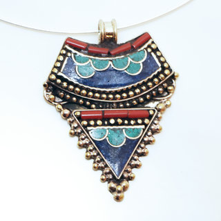 Bijoux Indiens Ethniques grand pendentif laiton plaqu argent 925 et pierre - Nepal 011 Turquoise Lapis Lazuli bleu et Agate rouge b