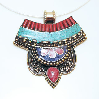 Bijoux Indiens Ethniques grand pendentif laiton plaqu argent 925 et pierre - Nepal 012 Turquoise Lapis Lazuli bleu et Agate rouge b