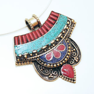 Bijoux Indiens Ethniques grand pendentif laiton plaqu argent 925 et pierre - Nepal 012 Turquoise Lapis Lazuli bleu et Agate rouge