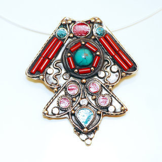 Bijoux Indiens Ethniques grand pendentif laiton plaqu argent 925 et pierre - Nepal 013 Turquoise et Agate rouge b