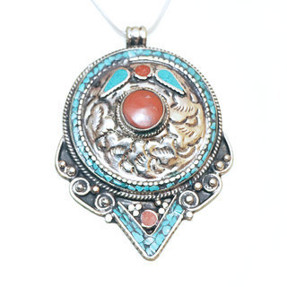 Bijoux Indiens Ethniques grand pendentif laiton plaqu argent 925 et pierre - Nepal 015 Lapis-Lazuli bleu Turquoise et Corail b