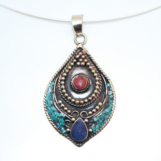 Bijoux Indiens Ethniques grand pendentif laiton plaqu argent 925 et pierre - Nepal 016 Lapis-Lazuli bleu Turquoise et Agate rouge b