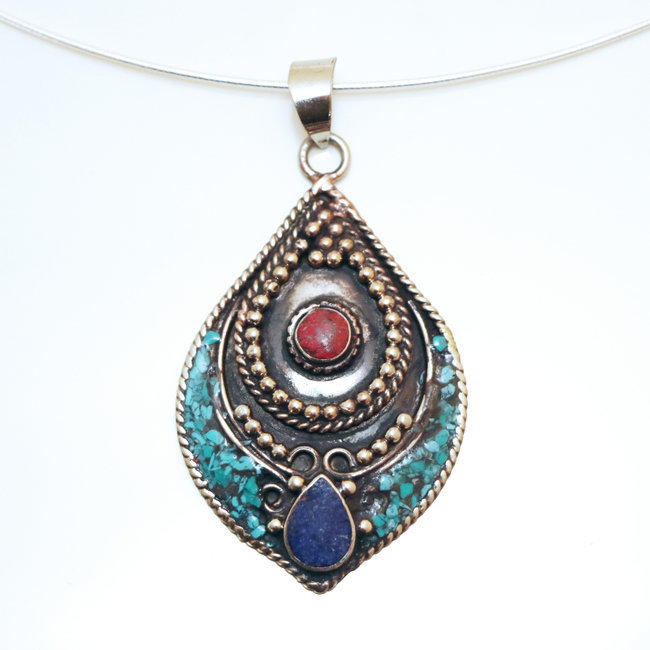 Bijoux Indiens Ethniques grand pendentif laiton plaqué argent 925 et pierre - Nepal 016 Lapis-Lazuli bleu Turquoise et Agate rouge b