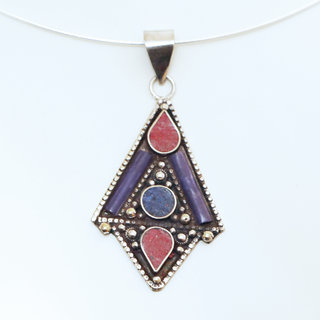 Bijoux Indiens Ethniques petit pendentif laiton plaqu argent 925 et pierre - Nepal 018 Lapis-Lazuli bleu et Agate rouge b