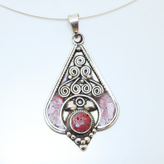 Bijoux Indiens Ethniques grand pendentif laiton plaqu argent 925 et pierre - Nepal 019 Agate rouge b