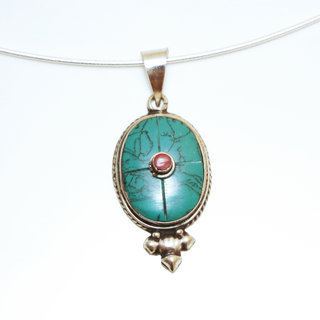 Bijoux Indiens Ethniques petit pendentif ovale laiton plaqu argent 925 et pierre - Nepal 021 Turquoise et Agate rouge b