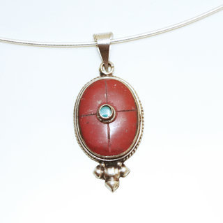 Bijoux Indiens Ethniques petit pendentif ovale laiton plaqu argent 925 et pierre - Nepal 021 Agate rouge et Turquoise b