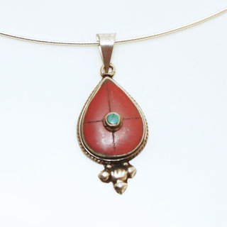 Bijoux Indiens Ethniques petit pendentif goutte laiton plaqu argent 925 et pierre - Nepal 022 Agate rouge et Turquoise b