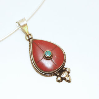 Bijoux Indiens Ethniques petit pendentif goutte laiton plaqu argent 925 et pierre - Nepal 022 Agate rouge et Turquoise