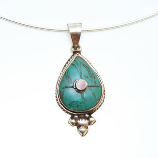 Bijoux Indiens Ethniques petit pendentif goutte laiton plaqu argent 925 et pierre - Nepal 022 Turquoise et Agate rouge b