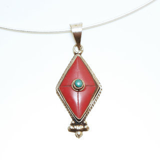 Bijoux Indiens Ethniques petit pendentif losange laiton plaqu argent 925 et pierre - Nepal 024 Agate rouge et Turquoise b