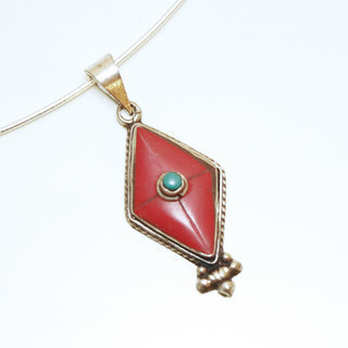 Bijoux Indiens Ethniques petit pendentif losange laiton plaqu argent 925 et pierre - Nepal 024 Agate rouge et Turquoise