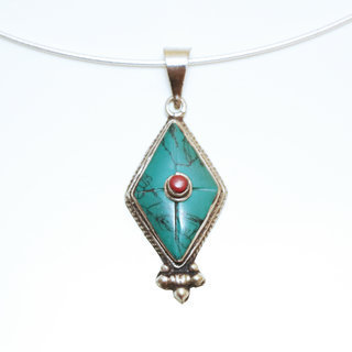 Bijoux Indiens Ethniques petit pendentif losange laiton plaqu argent 925 et pierre - Nepal 024 Turquoise et Agate rouge b