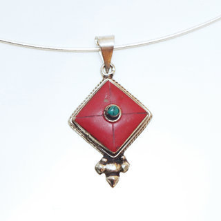 Bijoux Indiens Ethniques petit pendentif carr losange laiton plaqu argent 925 et pierre - Nepal 026 Agate rouge et Turquoise b