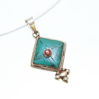 Bijoux Indiens Ethniques petit pendentif carr losange laiton plaqu argent 925 et pierre - Nepal 026 Turquoise et Agate rouge