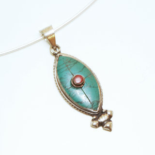 Bijoux Indiens Ethniques petit pendentif ovale laiton plaqué argent 925 et pierre - Nepal 027 Turquoise et Agate rouge