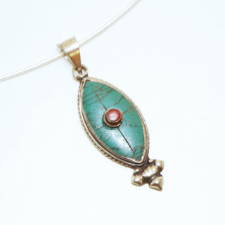 Bijoux Indiens Ethniques petit pendentif ovale laiton plaqu argent 925 et pierre - Nepal 027 Turquoise et Agate rouge