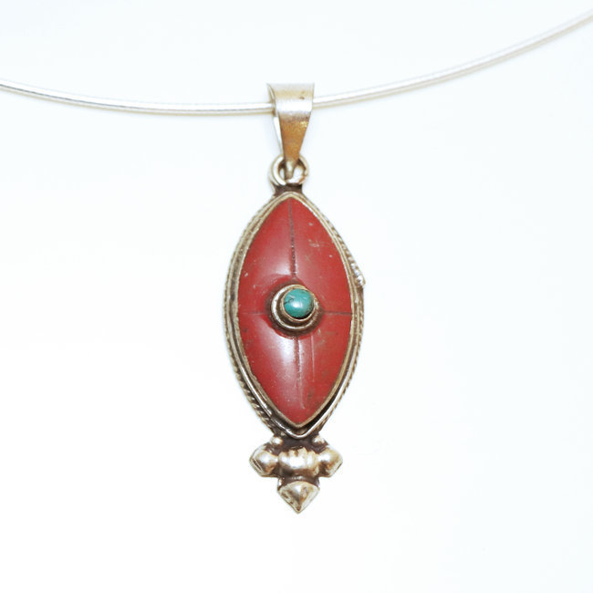 Bijoux Indiens Ethniques petit pendentif ovale laiton plaqué argent 925 et pierre - Nepal 027 Agate rouge et Turquoise b