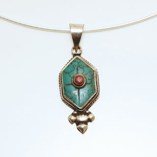 Bijoux Indiens Ethniques petit pendentif hexagone laiton plaqu argent 925 et pierre - Nepal 029 Turquoise et Agate rouge b