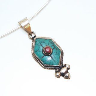 Bijoux Indiens Ethniques petit pendentif hexagone laiton plaqu argent 925 et pierre - Nepal 029 Turquoise et Agate rouge