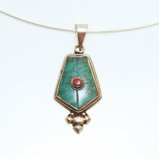 Bijoux Indiens Ethniques petit pendentif laiton plaqu argent 925 et pierre - Nepal 030 Turquoise et Agate rouge b