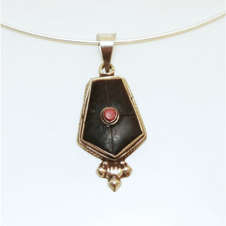 Bijoux Indiens Ethniques petit pendentif laiton plaqu argent 925 et pierre - Nepal 030 Onyx noir et Agate rouge b