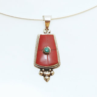 Bijoux Indiens Ethniques petit pendentif laiton plaqu argent 925 et pierre - Nepal 031 Agate rouge et Turquoise b