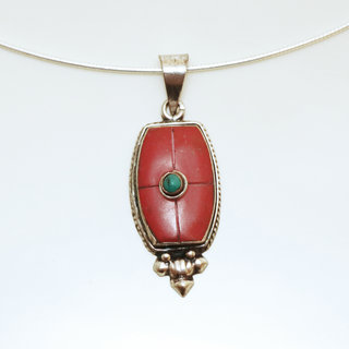 Bijoux Indiens Ethniques petit pendentif laiton plaqu argent 925 et pierre - Nepal 032 Agate rouge et Turquoise b