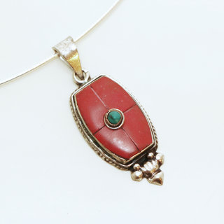 Bijoux Indiens Ethniques petit pendentif laiton plaqu argent 925 et pierre - Nepal 032 Agate rouge et Turquoise