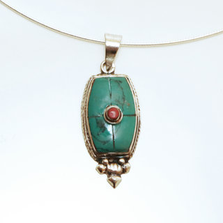 Bijoux Indiens Ethniques petit pendentif laiton plaqu argent 925 et pierre - Nepal 032 Agate rouge et Turquoise b